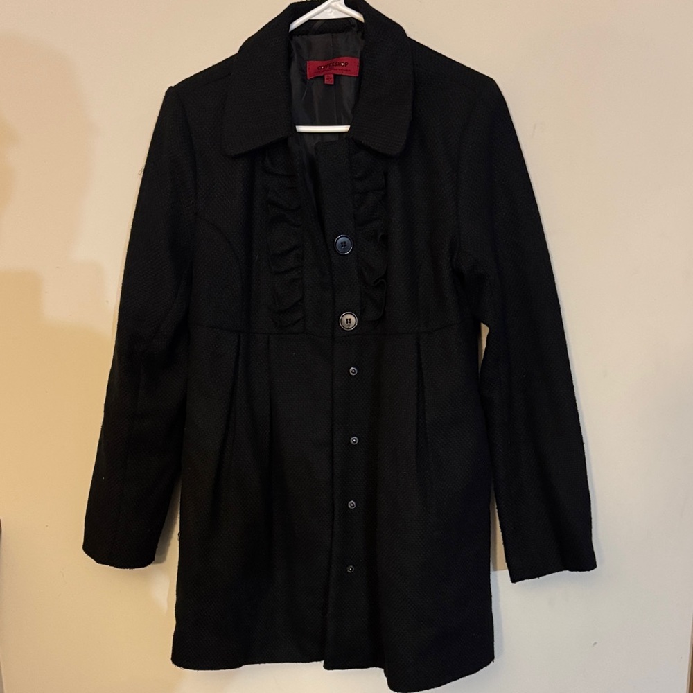 CoffeeShop Black Trench Coat with Ruffle Detail